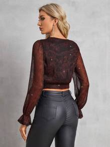 SHEIN Frenchy Women'S Tie-Front Cropped Blouse With Flounce Sleeves Christmas Winter New Year Elegant Red - Red - View 2