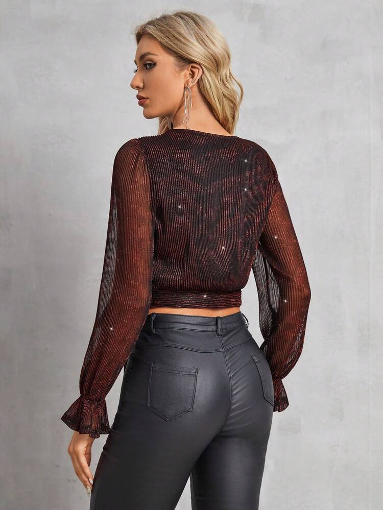 Women'S Tie-Front Cropped Blouse With Flounce Sleeves Christmas Winter New Year Elegant Red