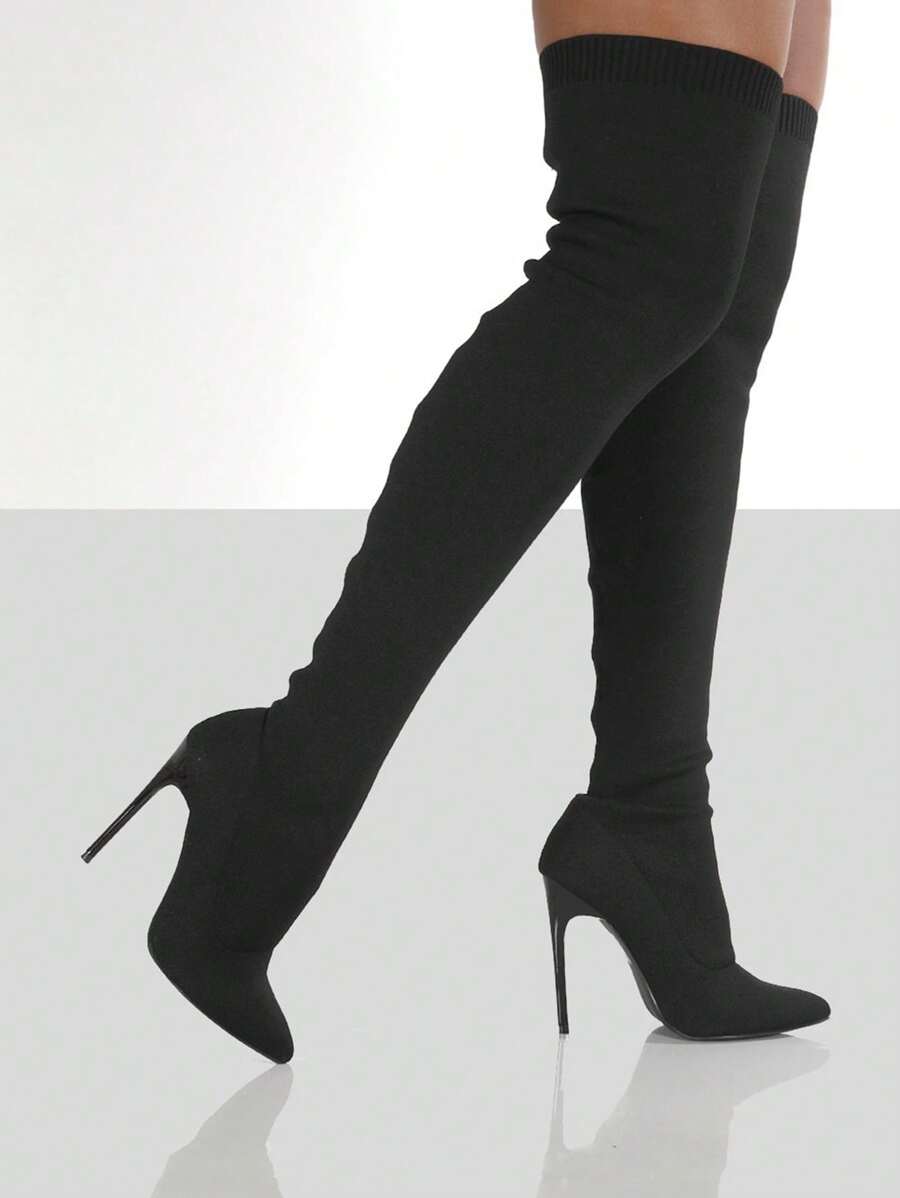 Giày bốt co giãn gợi cảm, Giày cao gót mũi nhọn pha lê đơn giản, Kiểu dáng với corset, Kiểu dáng với váy đen, Giày bốt cổ ngắn một lớp tất