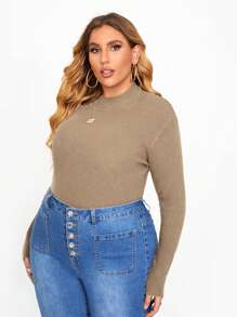 Calvaya Kích thước lớn Phù hợp Tay áo dài Áo len Áo chui đầu - Màu Khaki - Xem 3