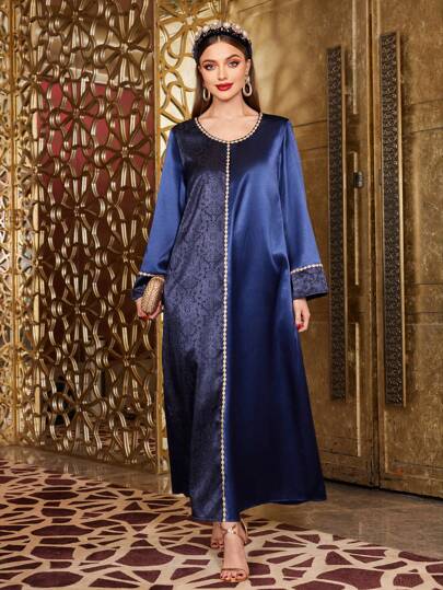 Al Najma 女士撞色对比蕾丝阿拉伯连衣裙，端庄