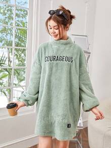 Teenage Girls' Fleece Double-Sided Embroidered Turtleneck Casual Sweatshirt With Woven Label - Mint Green - View 5