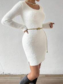 SHEIN Privé Màu thuần Quá lớn Áo cao cổ Đầm Áo len - màu nâu - Xem 5