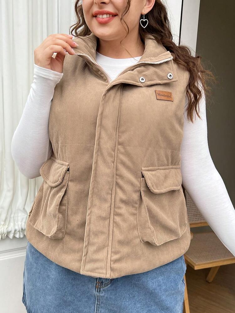 Plus Size Corduroy Vest With Flap Pockets & Button Front, Padded Coat