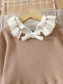 SHEIN 女孩，優雅可愛的拼色荷葉領毛衣連身裙 - 杏色 - 查看 3