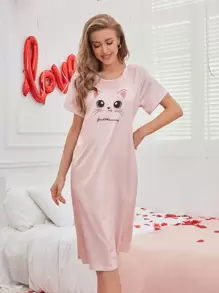 Cartoon Pattern Ladies Pajama Night Dress, Moo Moo - Pink - View 2