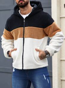 Manfinity Homme Men's Colorblock Zipper Up Hooded Plush Jacket, Colorful, Husband, Long Sleeve, Warm Jacket, Sherpa, Men Zip Up Fleece Hoodie, Winter - Beige - View 5