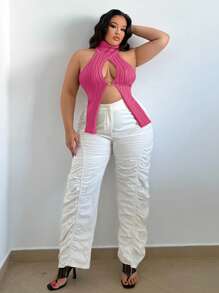 SHEIN SXY Haut En Tricot Avec Détail De Bague Creuse Et Col Haut Halter Pour Femmes Grand Taill Longueure Plus