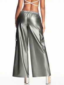 SHEIN BAE 女式實色金屬質感低腰寬腿工裝褲,帶有3d口袋 - 銀色 - 查看 3