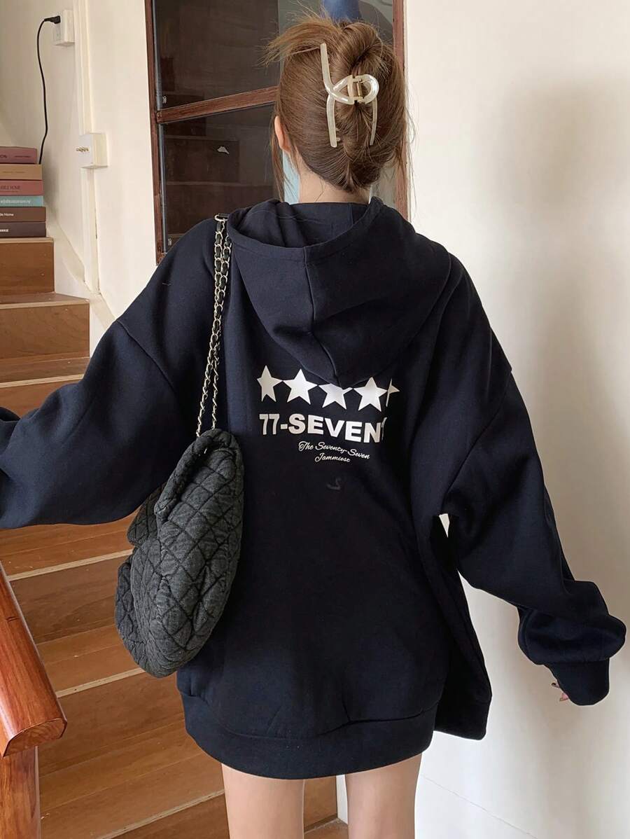 DAZY 女式字母五角星印花连帽卫衣，秋季服装 - 藏蓝色 - 查看 1