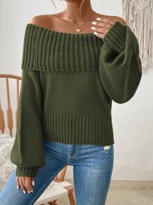SHEIN Privé 女露肩燈籠袖毛衣 - 軍綠色 - 查看 3