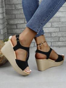 女士大尺碼跨境楔形涼鞋,厚底和腳踝帶 - 黑色 - 查看 2
