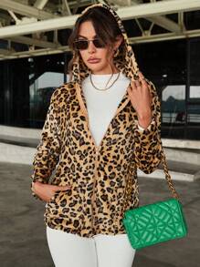 SHEIN LUNE Women'S Leopard Print Hooded Long Sleeve Jacket Fall Cloth For Women - Multicolor - View 1