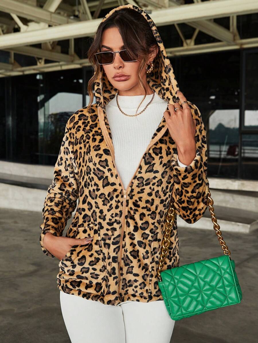 SHEIN LUNE Women'S Leopard Print Hooded Long Sleeve Jacket Fall Cloth For Women - Multicolor - View 1