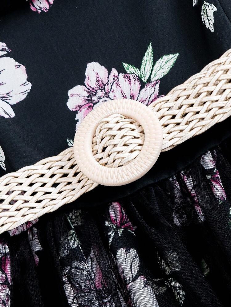 Tween Girls Knitted Floral Print & Mesh Contrast Dress With Ruffle Hem