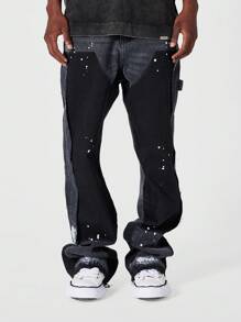 SUMWON Colour Blocked Flare Fit Jean With Paint Print - Black - View 2