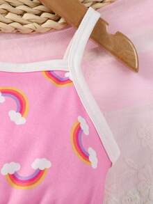 嬰兒女寶寶彩虹印花拼色邊飾肩帶連身衣 - 粉色 - 查看 4