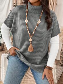 SHEIN LUNE Plus Size Women's High Neck Long Sleeve Knitted Top - Grey - View 3