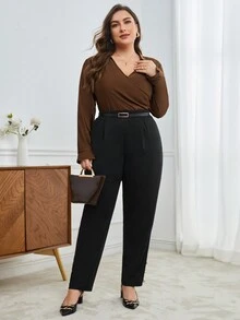 BizChic 大尺碼長袖交叉上衣 - 棕色 - 查看 3