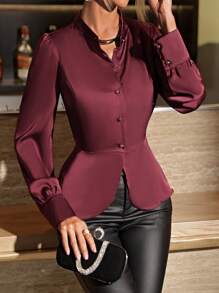 SHEIN Clasi 女士純色提花氣球袖鈕扣襯衫 - 酒紅色 - 查看 4