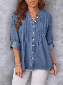 SHEIN LUNE Cuộn tay áo Áo denim Áo khoác Với Ngực đơn Nút Khép kín - Màu xanh lam - Xem 5