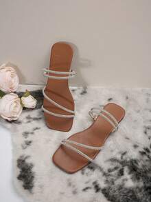 女款水鑽平底涼鞋,夏季新款棕色平底羅馬涼鞋戶外穿著 - 棕色 - 查看 3