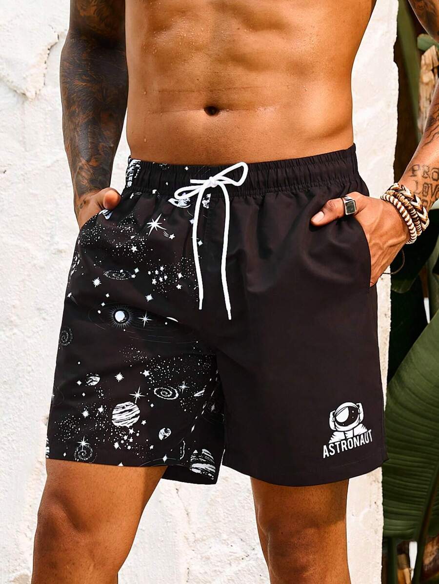 Manfinity KASUA Men'S Beach Shorts With Drawstring Waist And Galaxy Print - Black and White - View 1