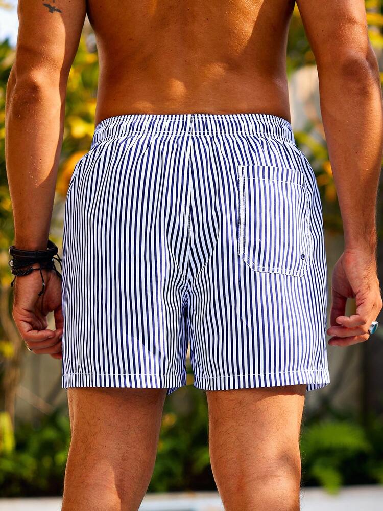 Men's Tropical & Striped Print Elastic Waist Beach Shorts