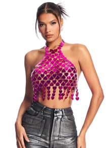 SHEIN BAE Áo tank top nữ màu hồng ánh kim đính sequin hình trái tim, kiểu yếm, lấp lánh, thích hợp cho các bữa tiệc mùa xuân/hè, tiệc độc thân, hộp đêm, lễ hội âm nhạc hoặc ngày Valentine. - Màu Hồng Tươi - Xem 3