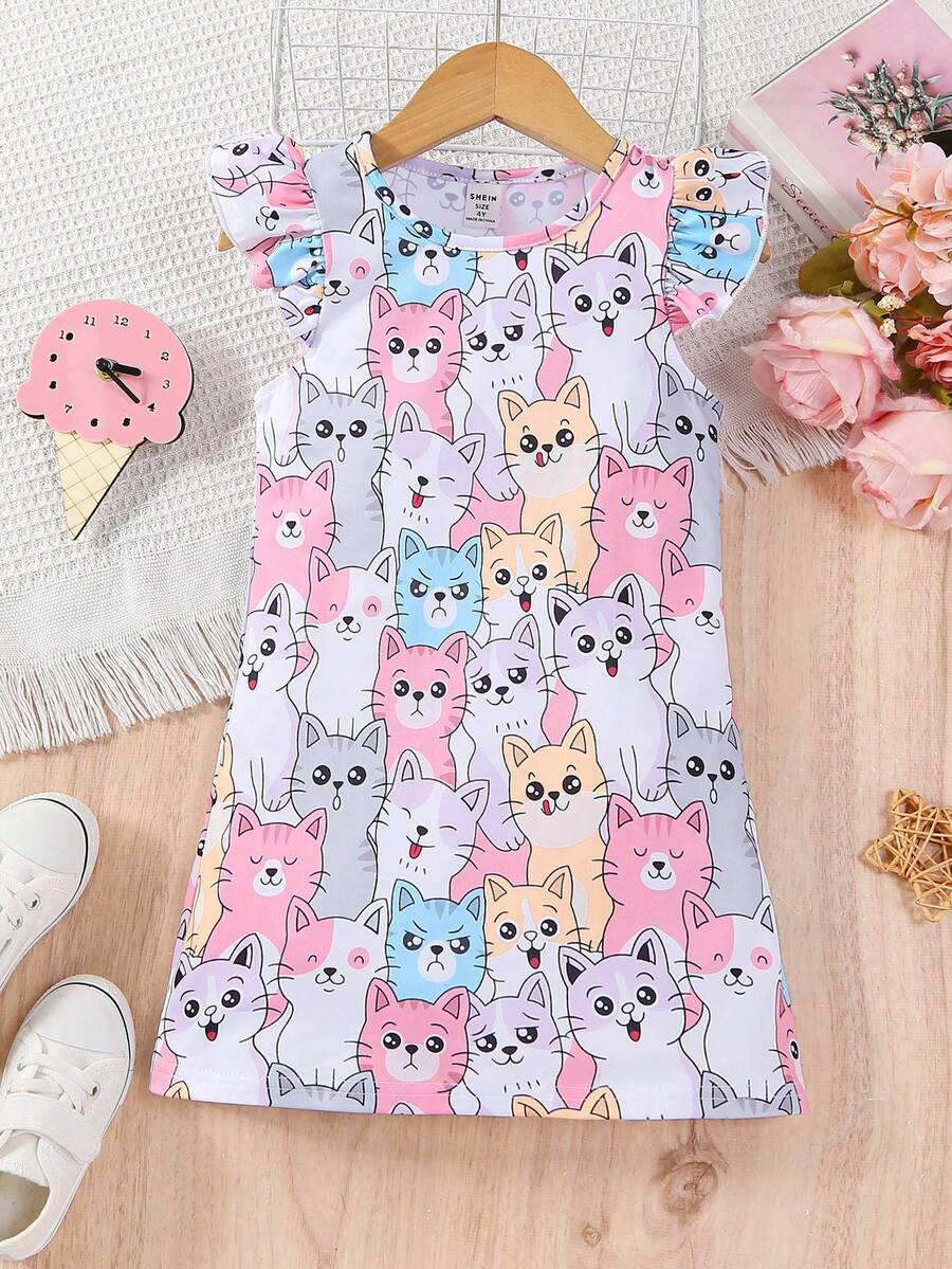SHEIN Young Girl Cartoon Pattern Cap Sleeve A-Line Dress - Multicolor - View 1