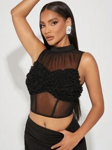 Hauture Ruffle Bust Mock Neck Crop Top