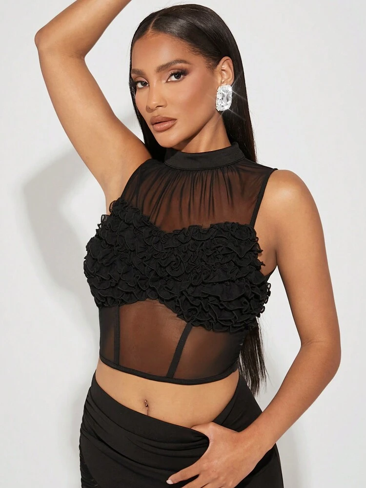 Ruffle Bust Mock Neck Crop Top