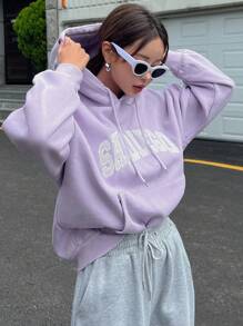 DAZY Thermal Lined Hooded Sweatshirt For Women, Casual Letter Print Pullover Hoodie, Autumn/Winter - Violet Purple - View 2