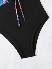 SHEIN Swim 女士拼接印花抽绳褶皱吊带连体泳衣嘉年华夏季 - 彩色 - 查看 5