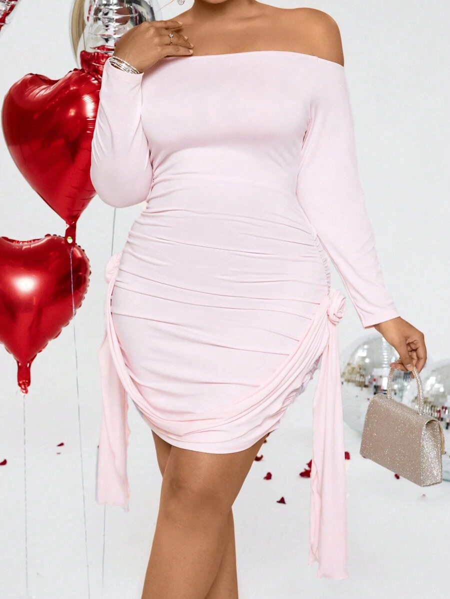 SHEIN LUNE Plus Size One-Shoulder Pleated Three-Dimensional Floral Dress - Pink - View 1