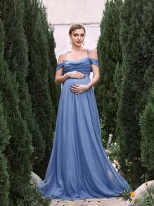 Faeriesty Dressalisa Elegant Off-Shoulder Backless Baby Party Dress, With Adjustable Back Tie And Flowing A-Line Silhouette - Perfect For Baby Showers, Formal Events, Wedding Receptions, Galas, And Maternity Photoshoots. - Dusty Blue - View 5