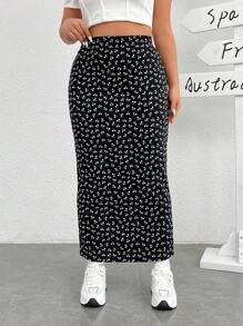 SHEIN EZwear Falda larga ajustada de punto con estampado floral menudo en negro y blanco para talla grande