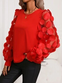 SHEIN ChicEase 网眼撞色长袖衬衫 - 紅色 - 查看 4