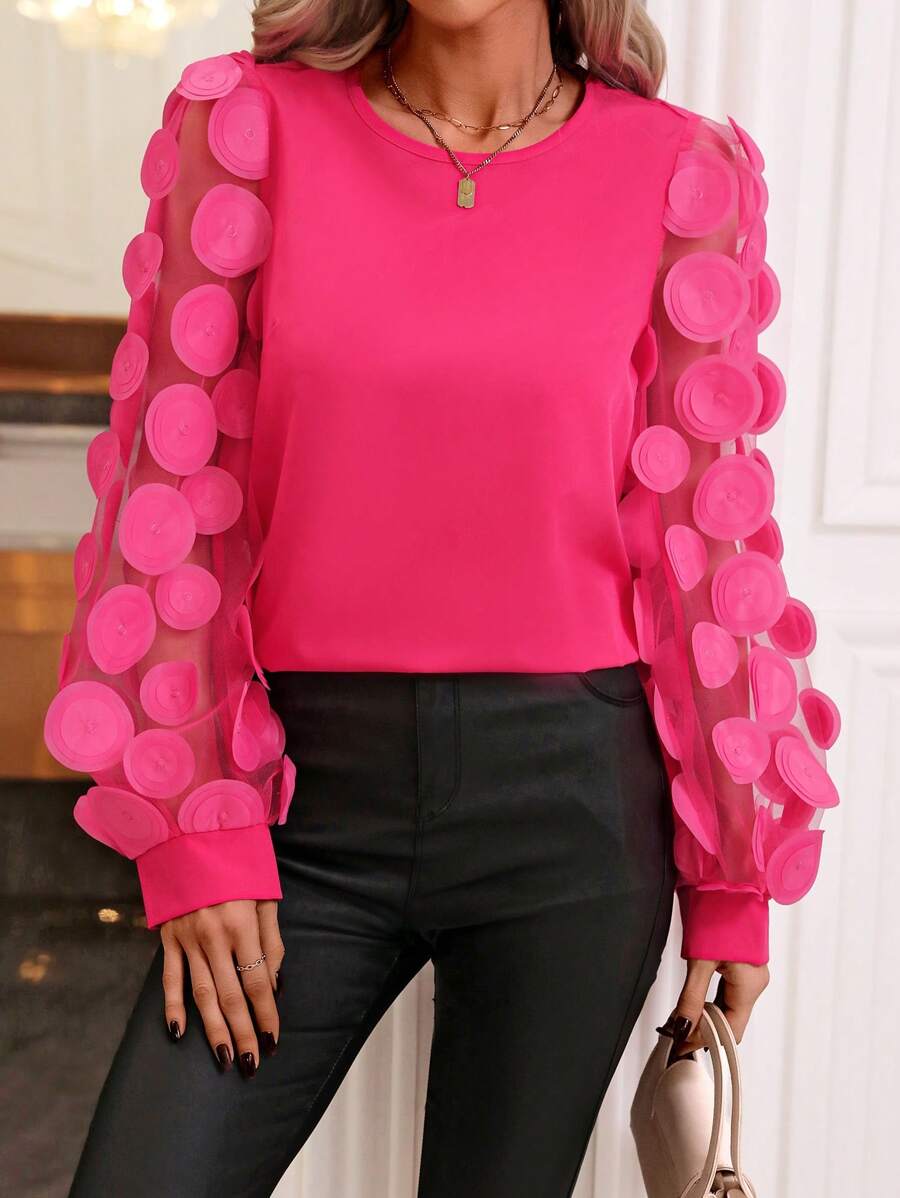 SHEIN Privé Mesh Contrast Long Sleeve Shirt - Hot Pink - View 1