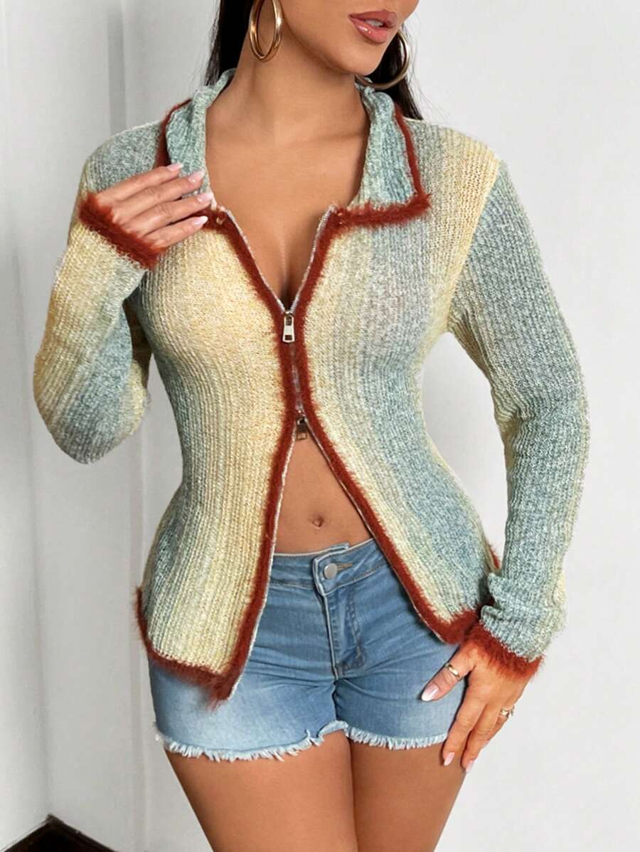 SHEIN SXY 流蘇長袖拉鍊前開針織外套 - 卡其色 - 查看 1