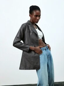 SHEIN BIZwear Da giả Denim mùa giặt Và Đau khổ Tay áo dài Áo vest - Xám - Xem 3