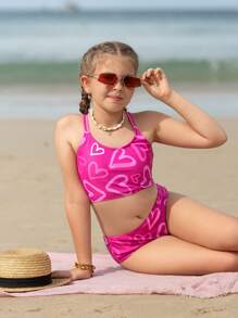 Tween Girl Bikini Set With Heart Print Design Summer Beach - Pink - View 5