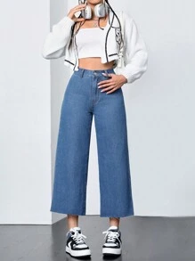 SHEIN PETITE Wide Leg Jeans With Fringe Hem - Medium Wash - View 3