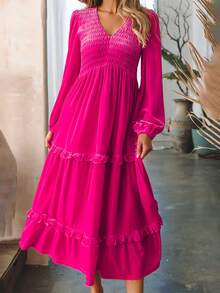 Hoa hồng Quây Cổ chữ V Tay áo lồng đèn Bọc Xếp li Xù Hoa Sen Nhung Buổi tiệc Tối Đầm tiệc rượu - Màu Hồng Tươi - Xem 3