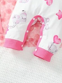 Baby Girls' Cute Cartoon Watercolor Elephant Heart Balloon Patchwork Jumpsuit With Headband