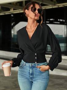 SHEIN Clasi 襯衫式燈籠袖包身上衣 - 黑色 - 查看 3