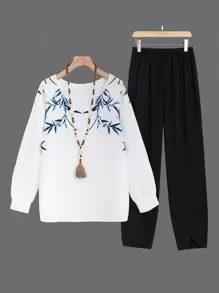 Kích thước lớn Của phụ nữ Thực vật In Tay áo dài Áo nỉ Và Quần thể thao Bộ - màu đen - Xem 1