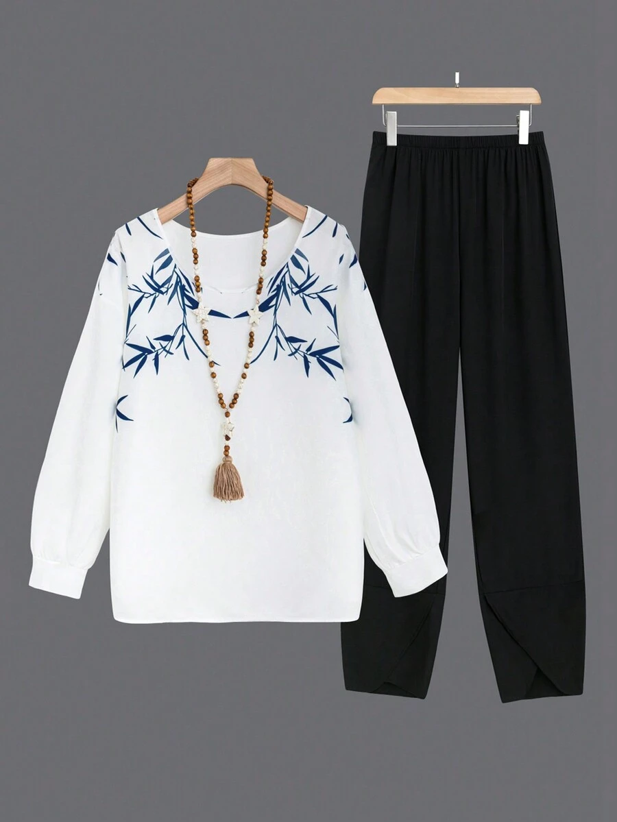 Kích thước lớn Của phụ nữ Thực vật In Tay áo dài Áo nỉ Và Quần thể thao Bộ - màu đen - Xem 1