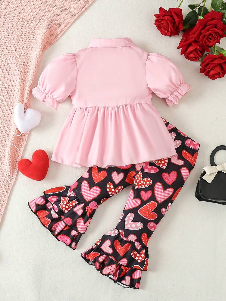 Baby Girls' Pink Puff Sleeve Shirt With Heart-Shaped Print Flare Pants Set For Spring And Summer