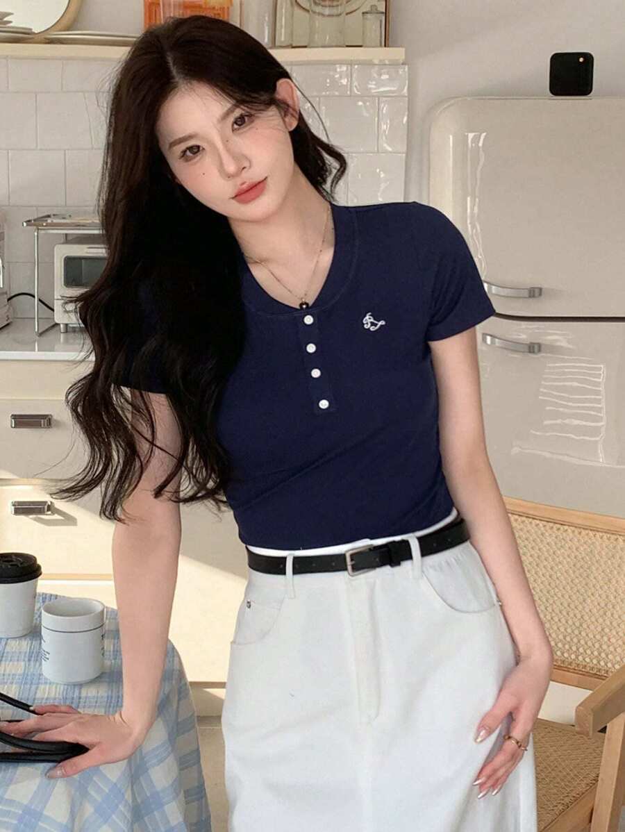Áo thun dệt kim gân thêu họa tiết dành cho nữ mùa hè, quần áo trở lại trường - Màu xanh hải quân - Xem 1